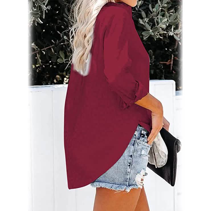 Women's V Neck Satin Embossed Roll Up Cuff Button Shirt Top DailySale