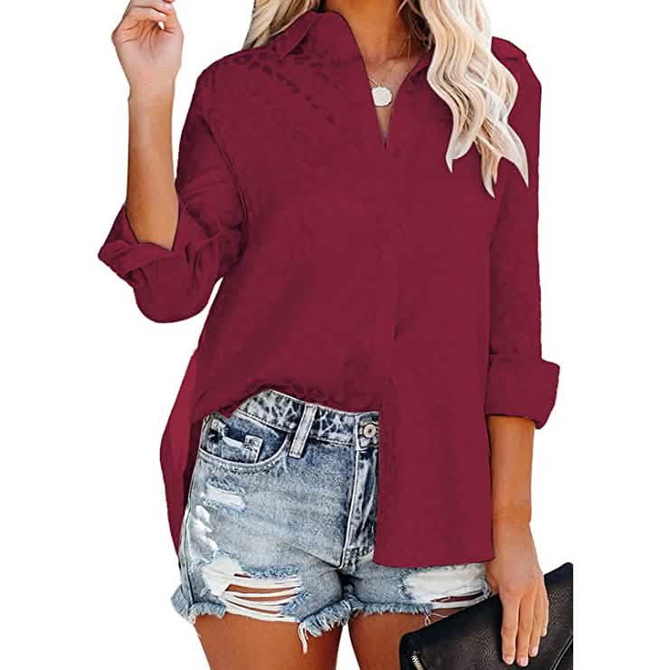 Women's V Neck Satin Embossed Roll Up Cuff Button Shirt Top DailySale