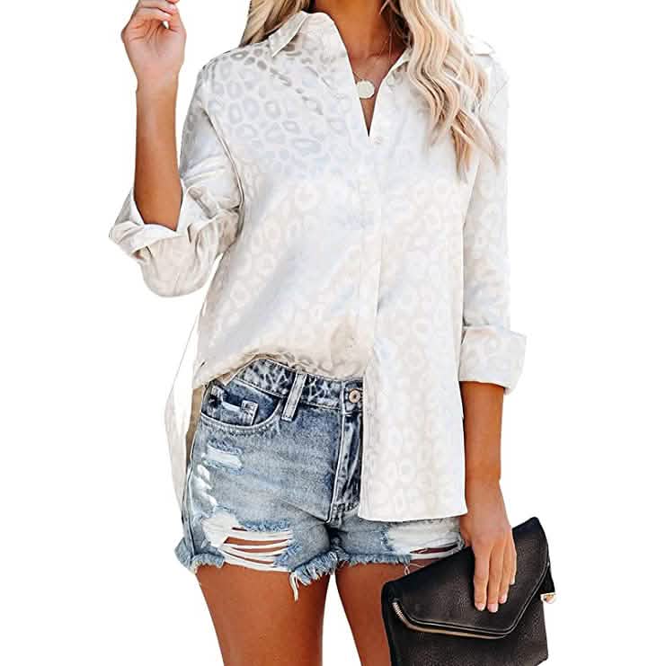 Women's V Neck Satin Embossed Roll Up Cuff Button Shirt Top DailySale