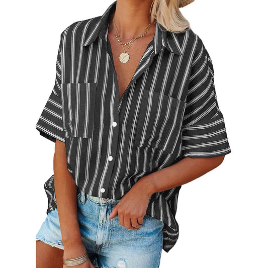 Women's V Neck Striped Roll Up Cuff Button Shirt Top DailySale