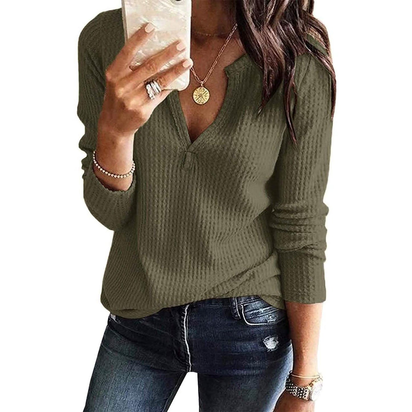 Women's V Neck Waffle Knit Henley Tops DailySale