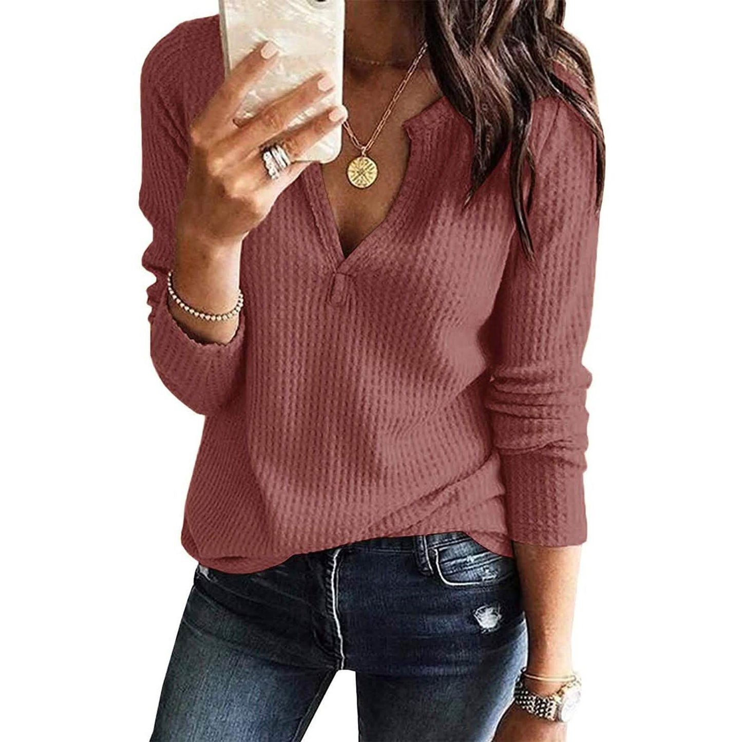 Women's V Neck Waffle Knit Henley Tops DailySale