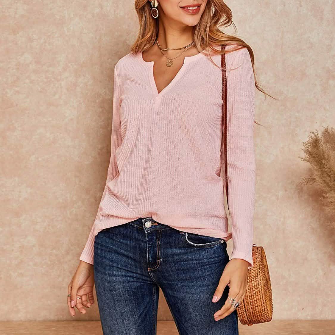 Women's V Neck Waffle Knit Henley Tops DailySale