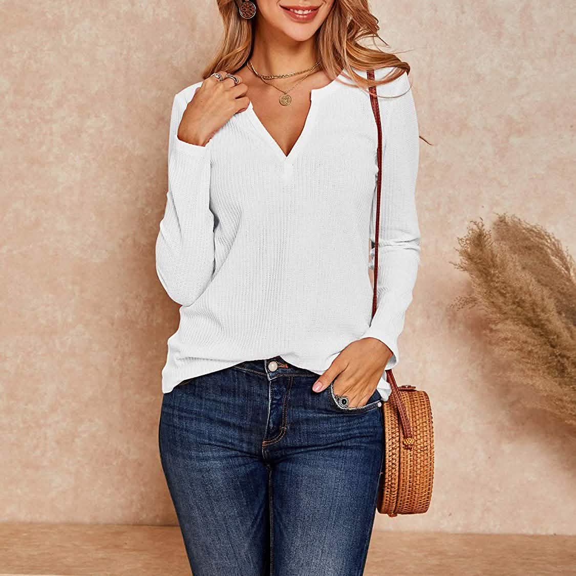 Women's V Neck Waffle Knit Henley Tops DailySale
