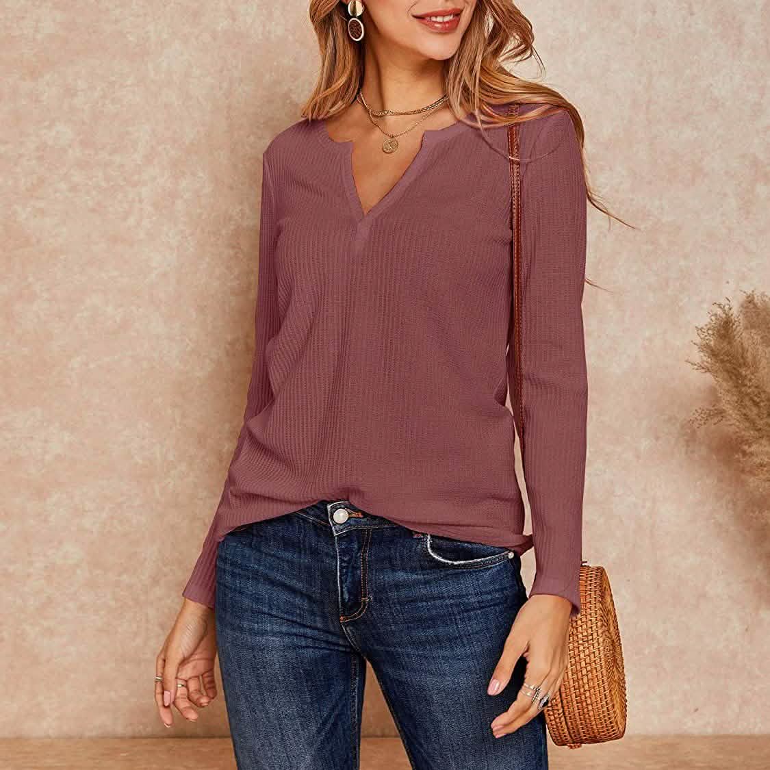Women's V Neck Waffle Knit Henley Tops DailySale