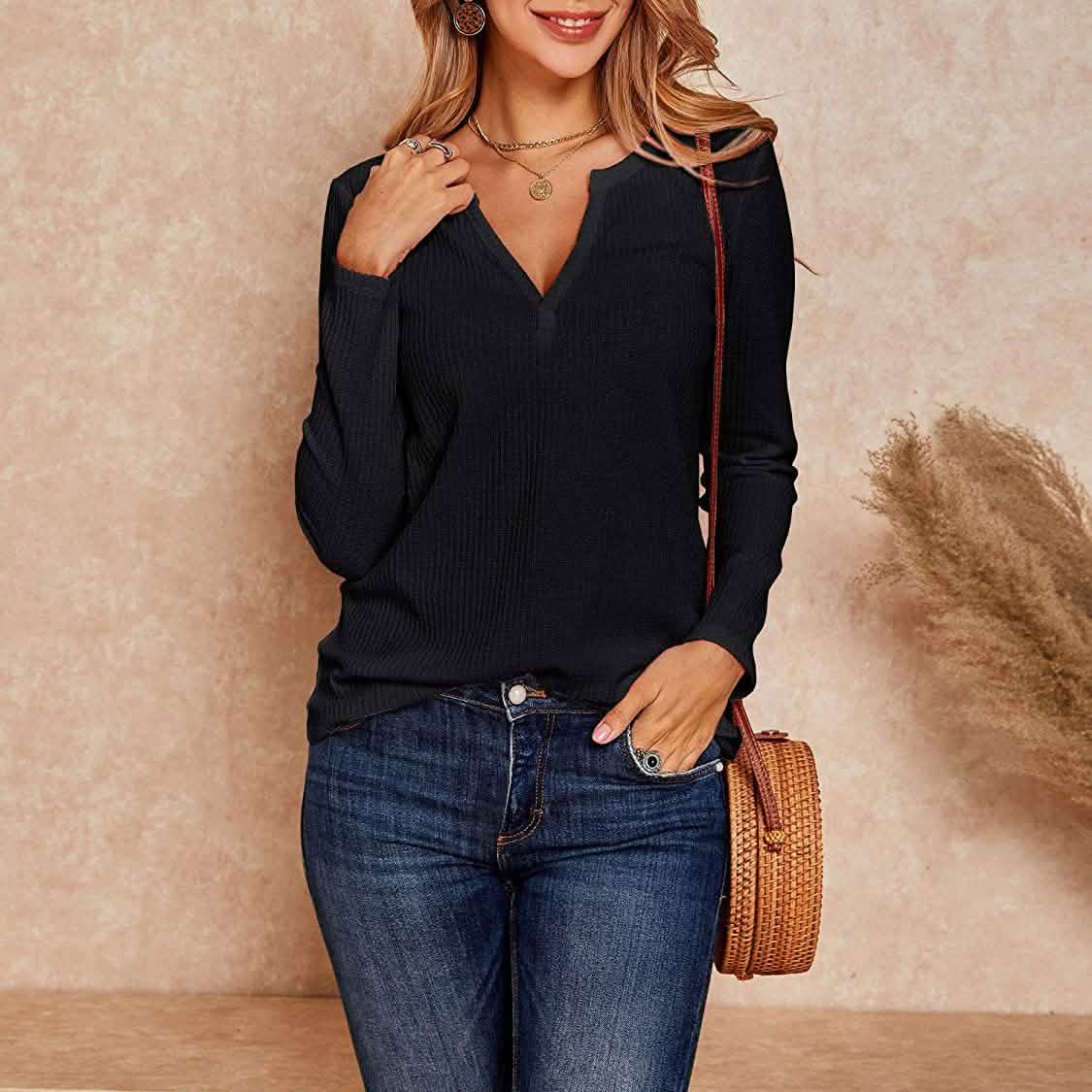 Women's V Neck Waffle Knit Henley Tops DailySale