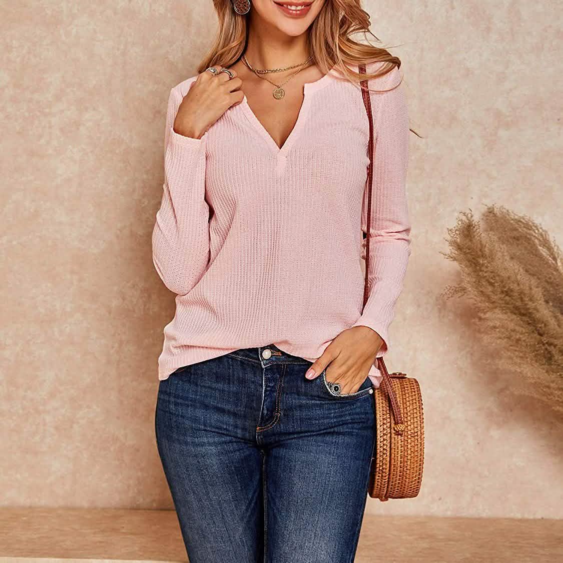 Women's V Neck Waffle Knit Henley Tops DailySale