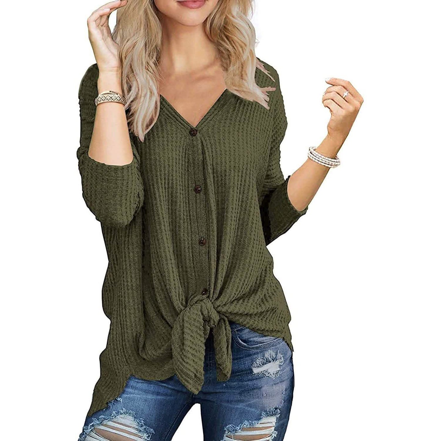 Womens Waffle Knit Tunic Blouse Tie Knot Henley Tops DailySale