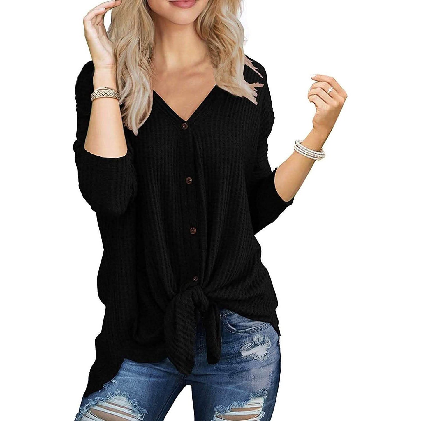 Womens Waffle Knit Tunic Blouse Tie Knot Henley Tops DailySale