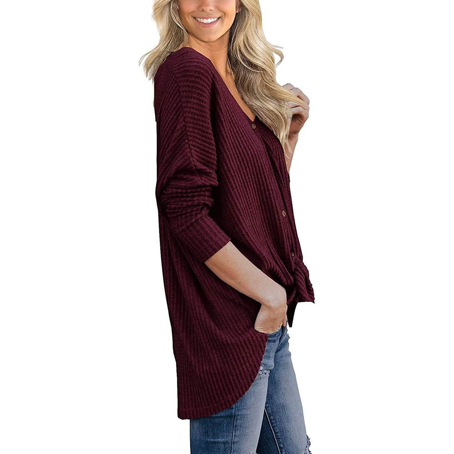 Womens Waffle Knit Tunic Blouse Tie Knot Henley Tops DailySale