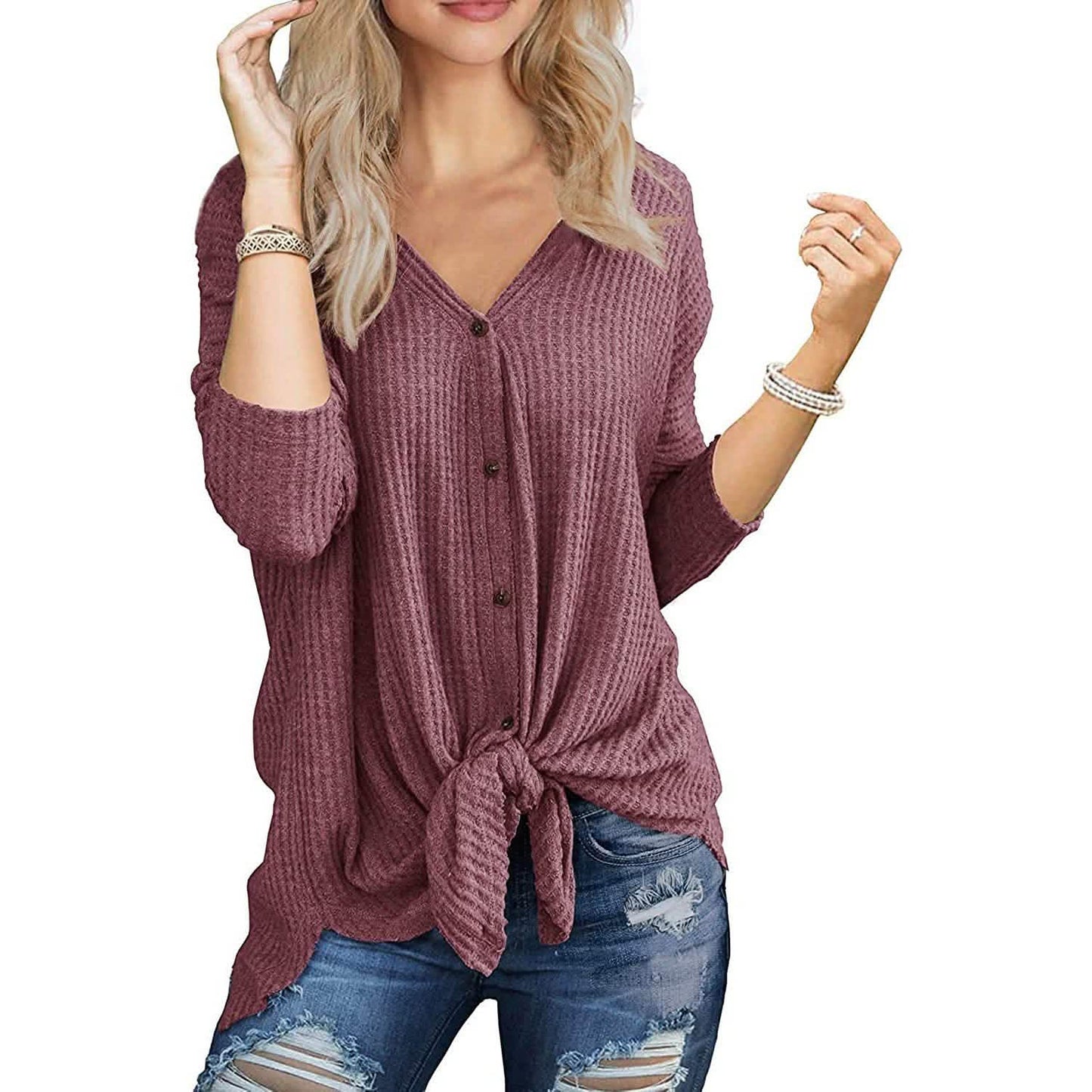 Womens Waffle Knit Tunic Blouse Tie Knot Henley Tops DailySale