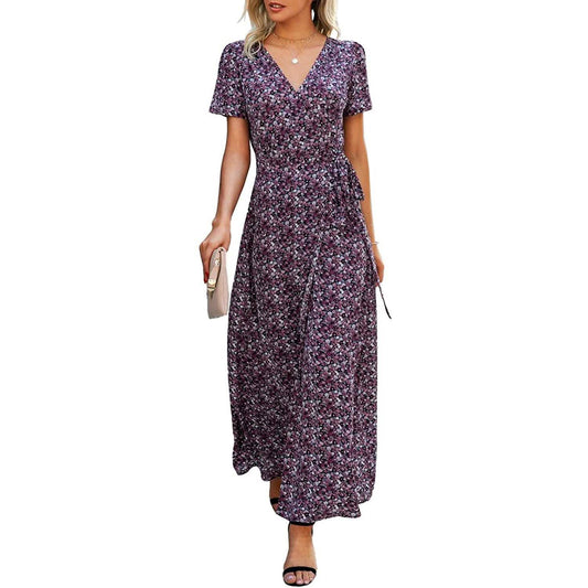 Women's Wrap V Neck Maxi Dresses Short Sleeve Split Casual Long Dress DailySale