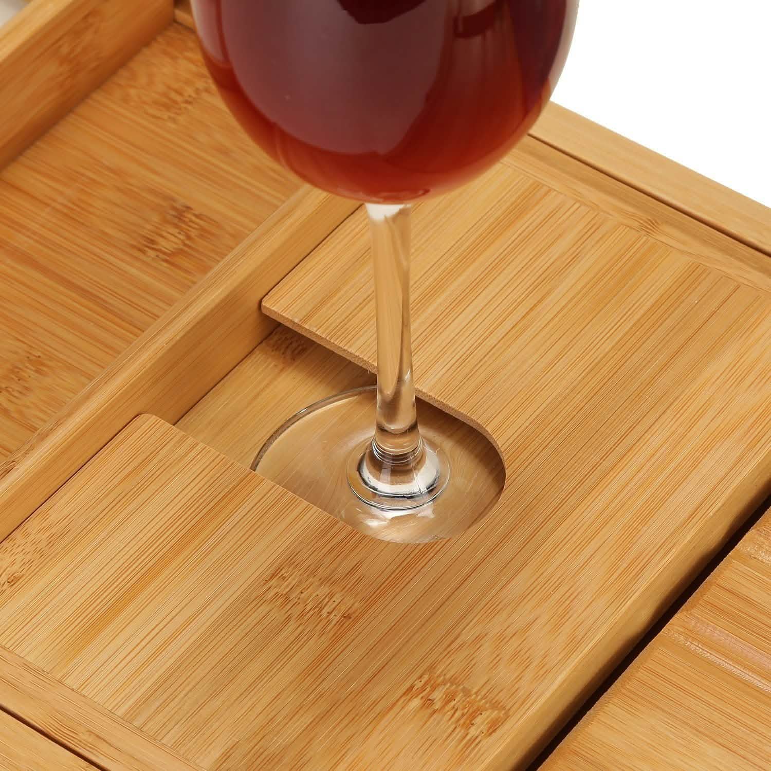 Wooden Bathtub Tray with Wine Glass Slot Phone Tray Book Holder DailySale