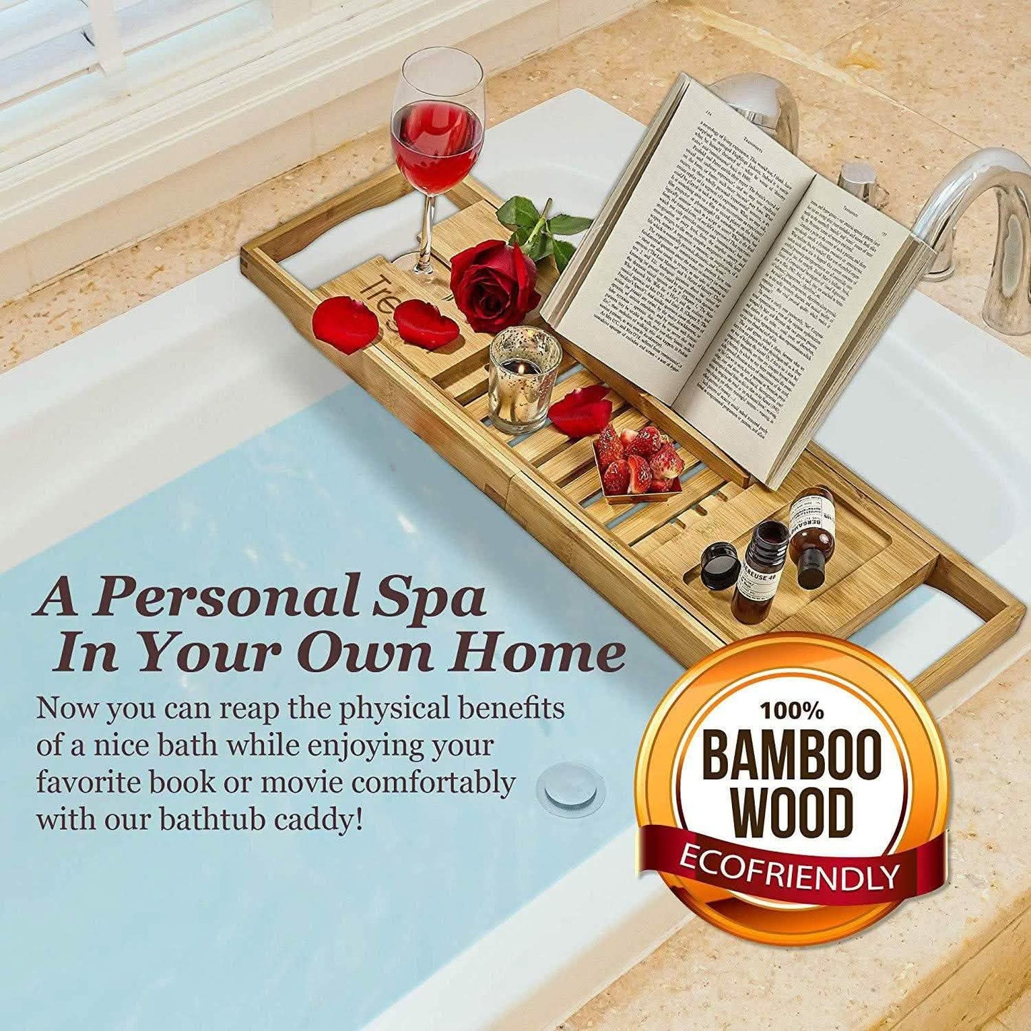 Wooden Bathtub Tray with Wine Glass Slot Phone Tray Book Holder DailySale