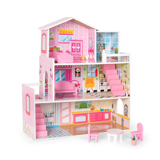 Wooden Dollhouse with Furniture, Doll House Playset for Kids DailySale