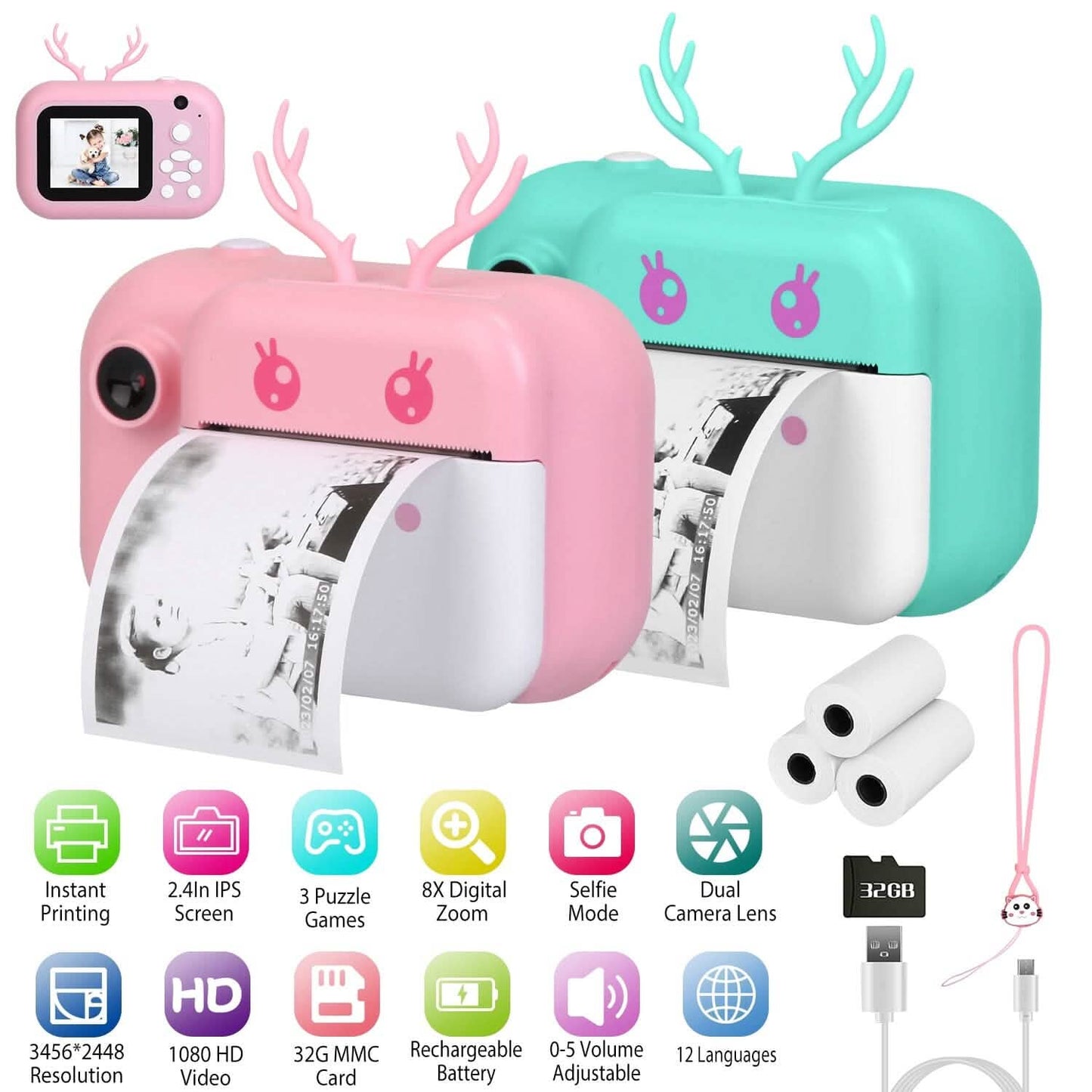 Zero Ink Selfie Camera 1080P HD Video Recorder with Dual Lens 3 Roll Print Papers DailySale