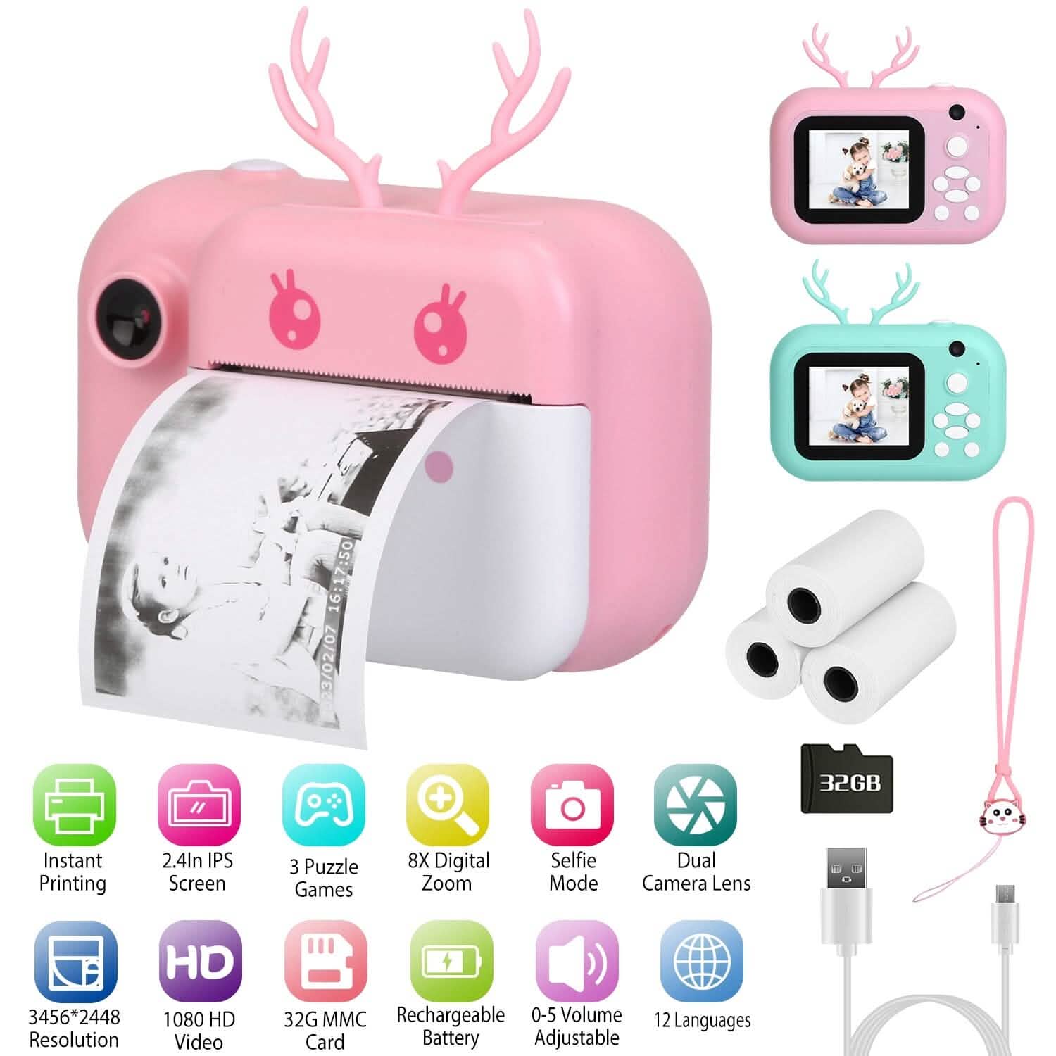Zero Ink Selfie Camera 1080P HD Video Recorder with Dual Lens 3 Roll Print Papers DailySale