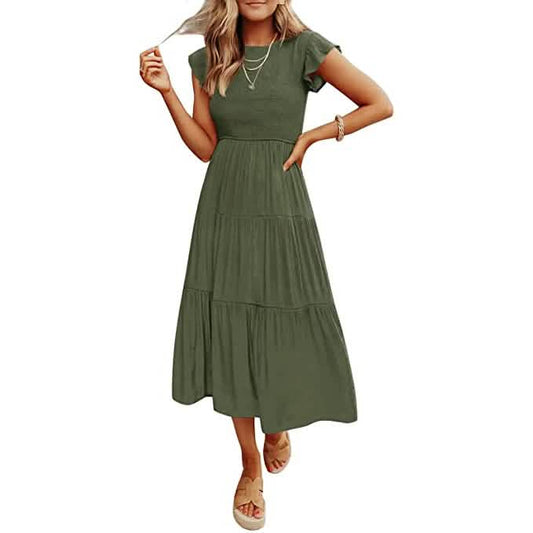 ZESICA Women's Summer Flutter Short Sleeve Smocked Midi Dress DailySale